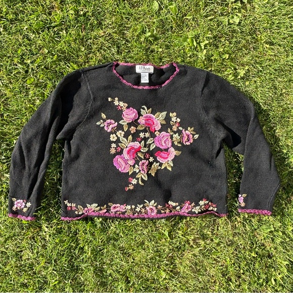 Vtg All Points by Reference Point Knit Sweater Size XL Black Floral Embroidered - Picture 1 of 10